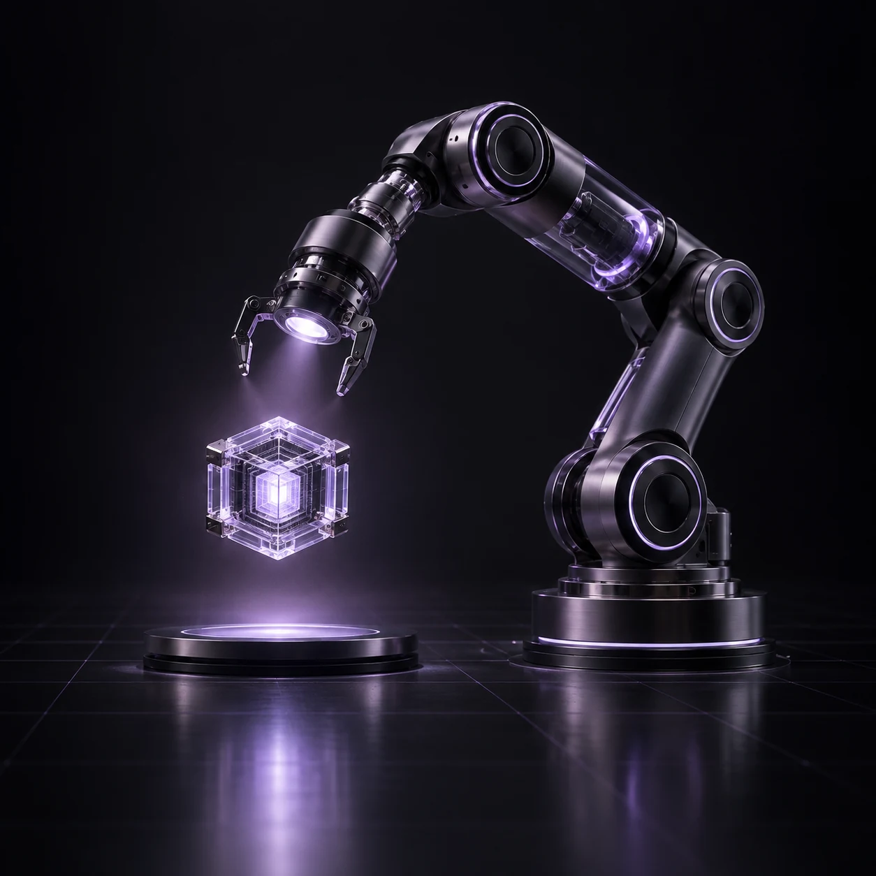 An industrial robot arm interacting with a memory core